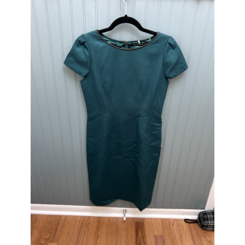 Elie Tahari Green Wool Blend Cap Sleeve Leather Trim Lined Sheath Dress Size 6